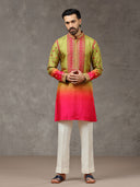 Olive Silk Printed & Embroidered Short Kurta Set with White Palazzo Pant