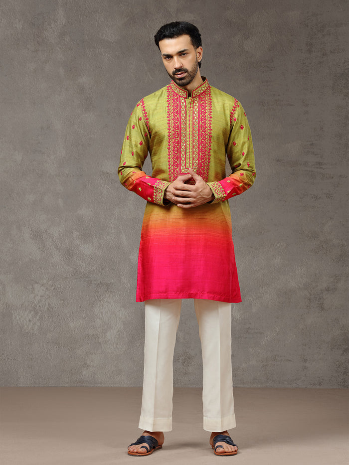 Olive Silk Printed & Embroidered Short Kurta Set with White Palazzo Pant