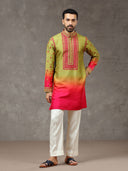 Olive Silk Printed & Embroidered Short Kurta Set with White Palazzo Pant