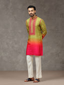 Olive Silk Printed & Embroidered Short Kurta Set with White Palazzo Pant