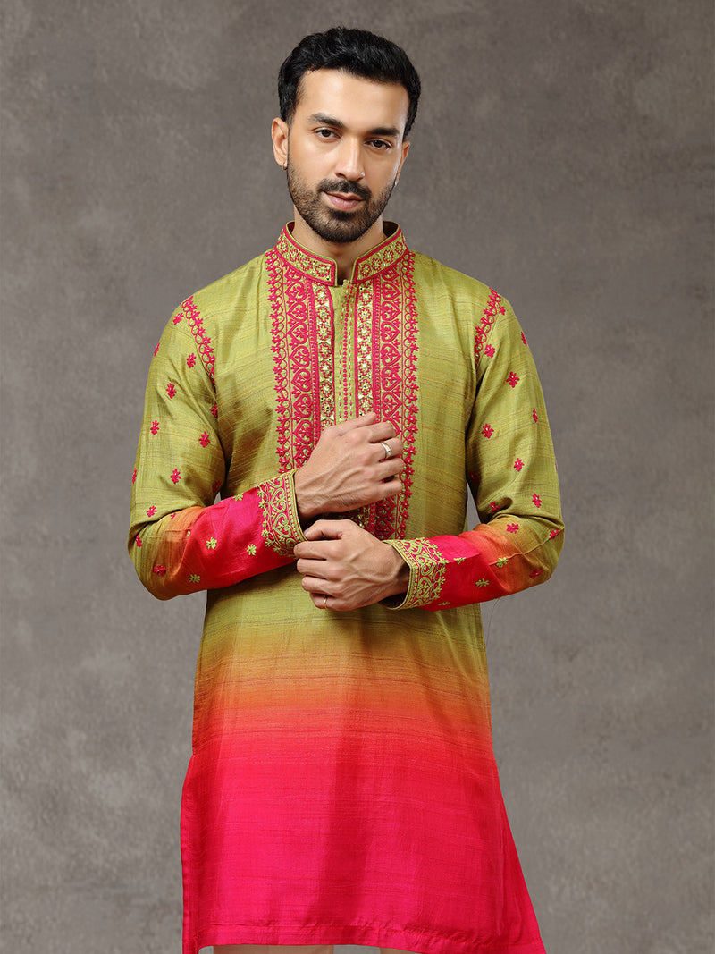 Olive Silk Printed & Embroidered Short Kurta Set with White Palazzo Pant - KORANM