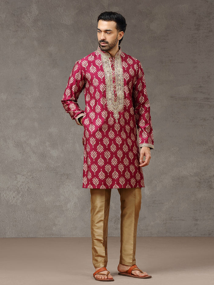 Wine Silk Kurta with Aligarhi Pant