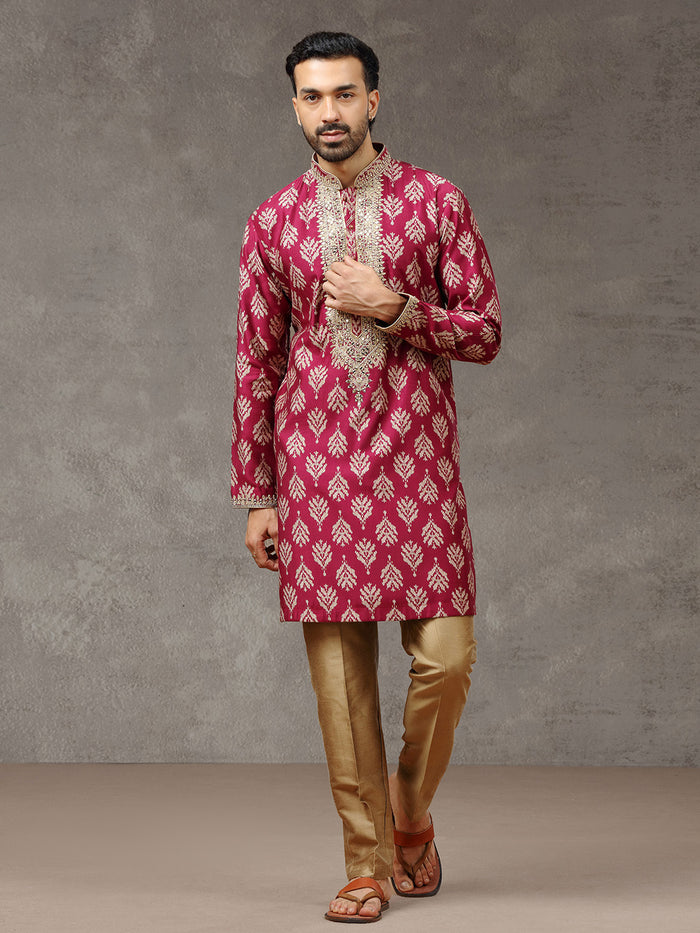 Wine Silk Kurta with Aligarhi Pant