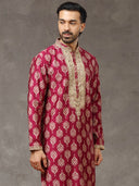 Wine Silk Kurta with Aligarhi Pant