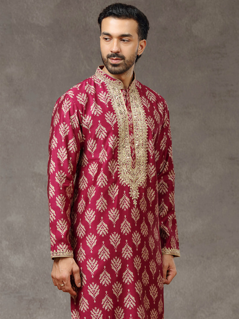 Wine Silk Kurta with Aligarhi Pant - KORANM