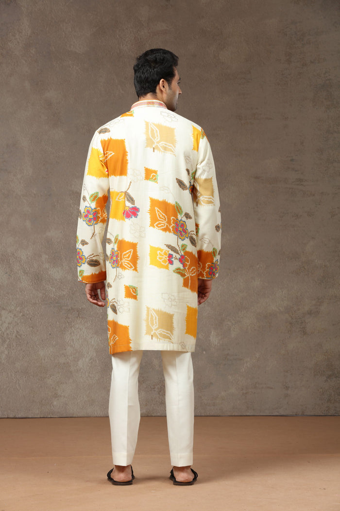 Cream Multi Silk Kurta with Aligarhi Pants - KORANM