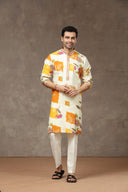 Cream Multi Silk Kurta with Aligarhi Pants - KORANM