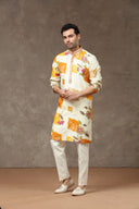 Cream Multi Silk Kurta with Aligarhi Pants - KORANM