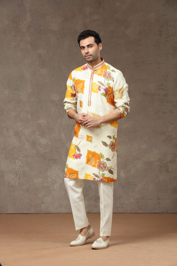 Cream Multi Silk Kurta with Aligarhi Pants - KORANM