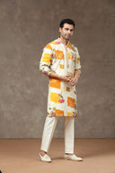 Cream Multi Silk Kurta with Aligarhi Pants - KORANM