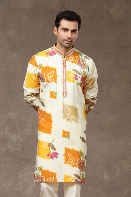 Cream Multi Silk Kurta with Aligarhi Pants