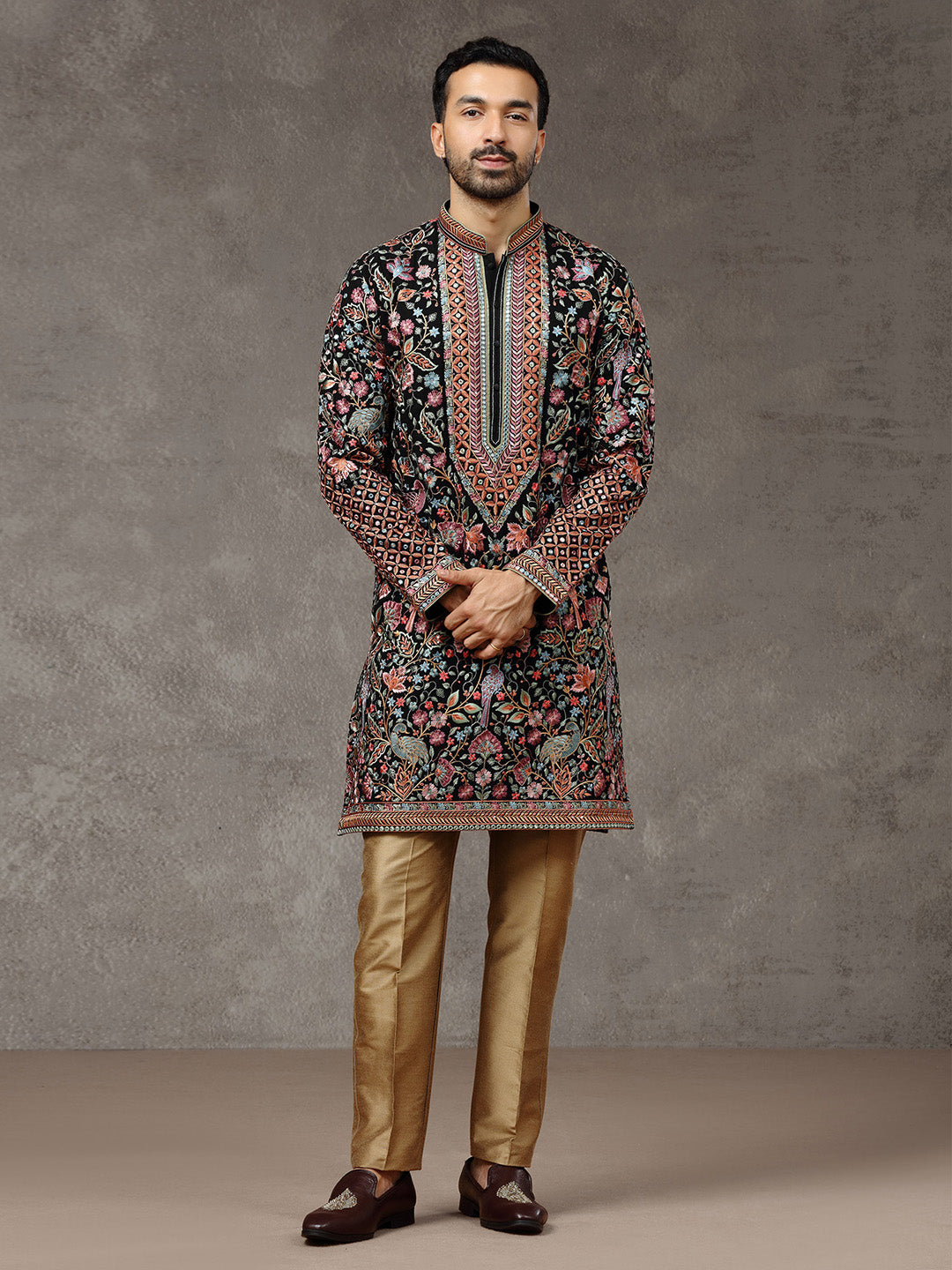 Black Embroidered Kurta with Aligarhi Pants - KORANM