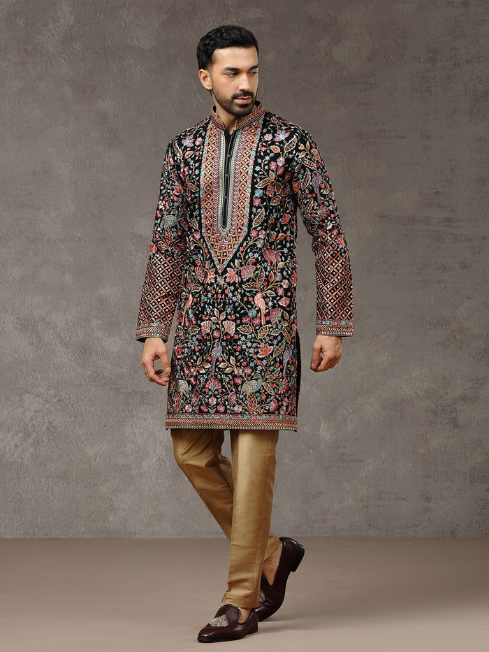 Black Embroidered Kurta with Aligarhi Pants