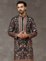 Black Embroidered Kurta with Aligarhi Pants - KORANM