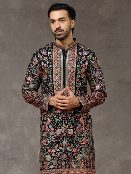 Black Embroidered Kurta with Aligarhi Pants