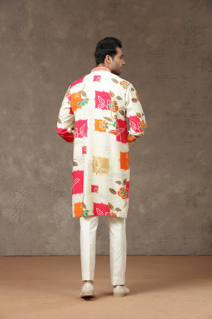 Cream Pink Silk Kurta with Aligarhi Pants - KORANM
