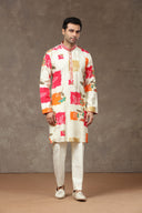 Cream Pink Silk Kurta with Aligarhi Pants - KORANM