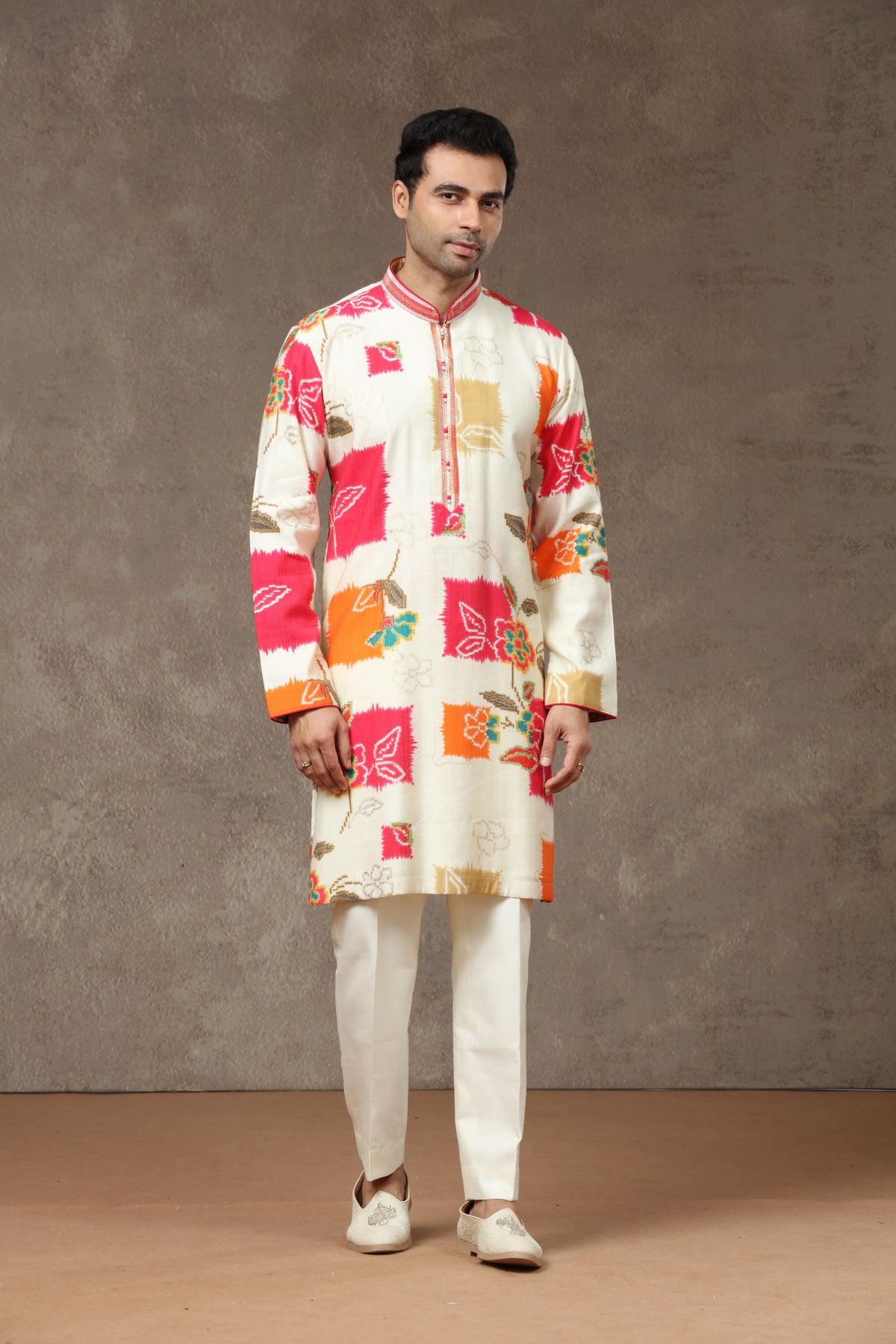 Cream Pink Silk Kurta with Aligarhi Pants - KORANM