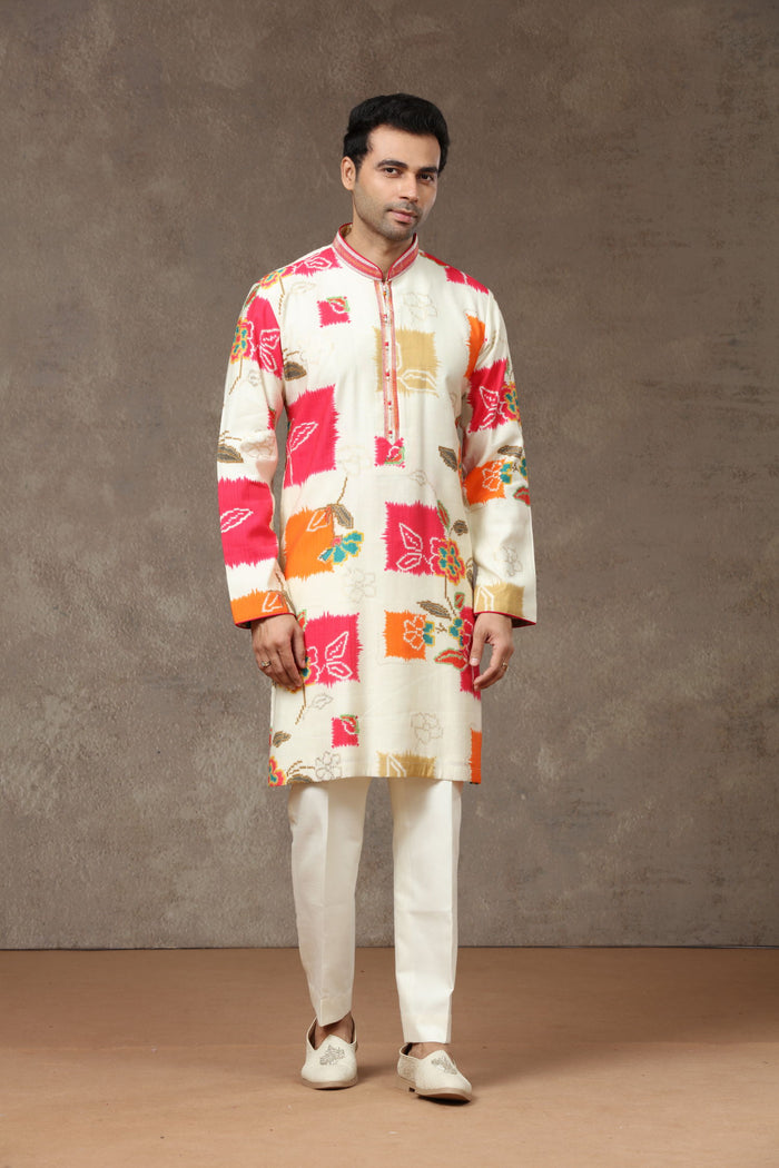 Cream Pink Silk Kurta with Aligarhi Pants - KORANM