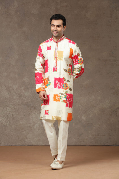 Cream Pink Silk Kurta with Aligarhi Pants