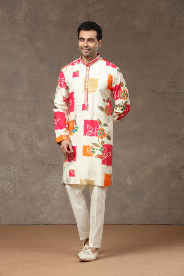 Cream Pink Silk Kurta with Aligarhi Pants - KORANM