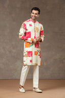 Cream Pink Silk Kurta with Aligarhi Pants - KORANM