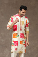 Cream Pink Silk Kurta with Aligarhi Pants - KORANM