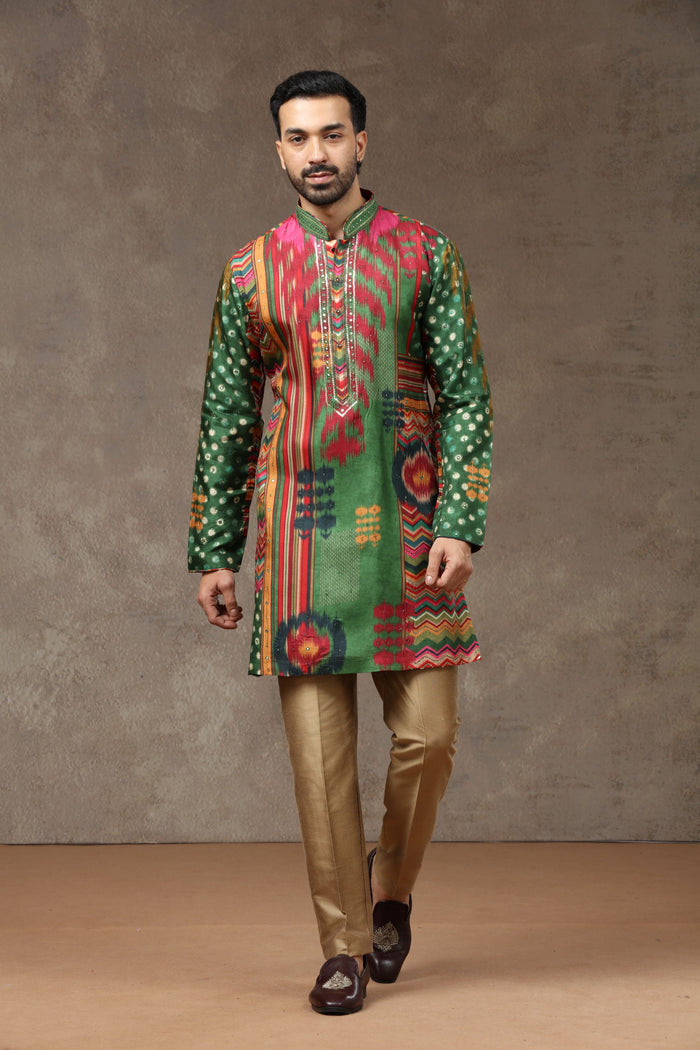 Green Textured Kurta with Aligarhi Pants
