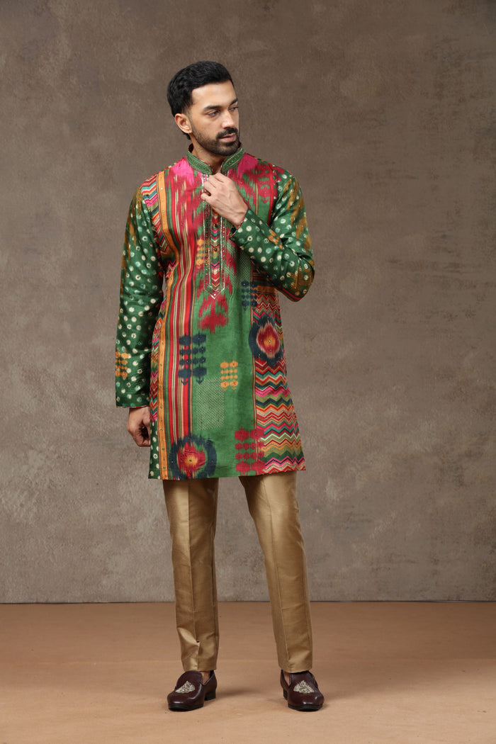 Green Textured Kurta with Aligarhi Pants