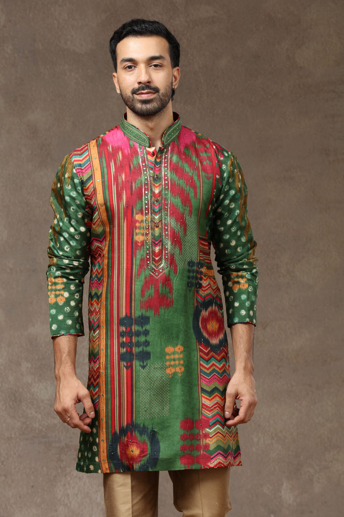 Green Textured Kurta with Aligarhi Pants