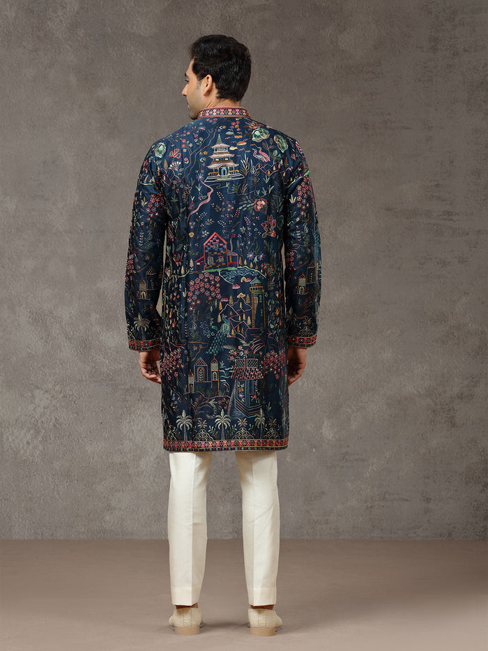Navy Blue Silk Embroidered Kurta Set with White Aligarhi Pant
