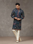 Navy Blue Silk Embroidered Kurta Set with White Aligarhi Pant