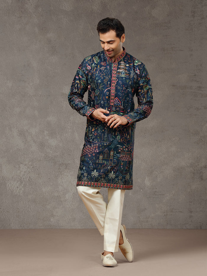 Navy Blue Silk Embroidered Kurta Set with White Aligarhi Pant