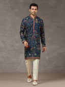 Navy Blue Silk Embroidered Kurta Set with White Aligarhi Pant