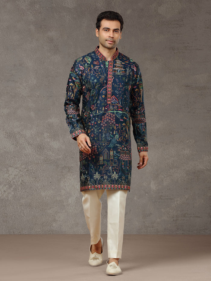 Navy Blue Silk Embroidered Kurta Set with White Aligarhi Pant