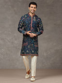 Navy Blue Silk Embroidered Kurta Set with White Aligarhi Pant