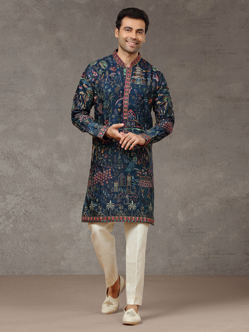 Navy Blue Silk Embroidered Kurta Set with White Aligarhi Pant - KORANM