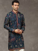Navy Blue Silk Embroidered Kurta Set with White Aligarhi Pant