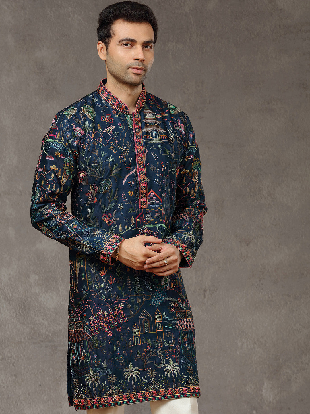 Navy Blue Silk Embroidered Kurta Set with White Aligarhi Pant - KORANM