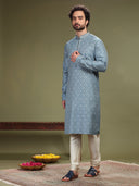 Blue Kurta with Jacquard's fabric and Chudidar. - KORANM