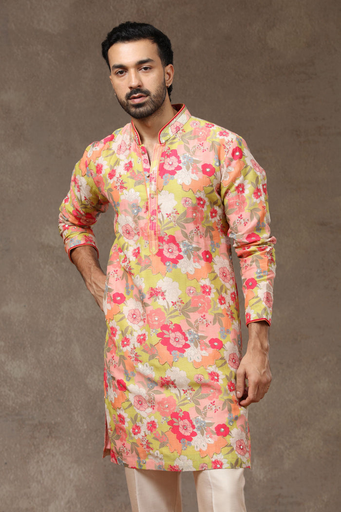 Mustard Silk Kurta with Aligarhi Pants - KORANM