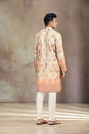 Fawn Tissue Silk kurta set with delicate print and embroidery.