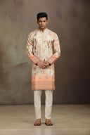 Fawn Tissue Silk kurta set with delicate print and embroidery.