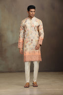 Fawn Tissue Silk kurta set with delicate print and embroidery.