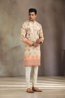 Fawn Tissue Silk kurta set with delicate print and embroidery.