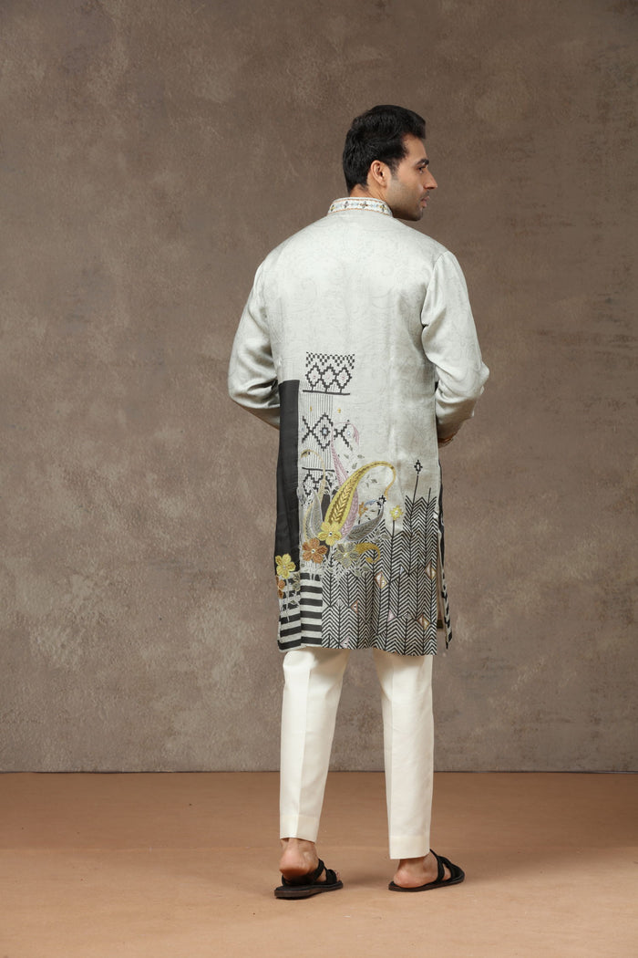 Grey Silk Kurta with Aligarhi Pants - KORANM