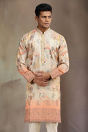 Fawn Tissue Silk kurta set with delicate print and embroidery.