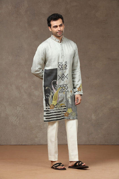 Grey Silk Kurta with Aligarhi Pants