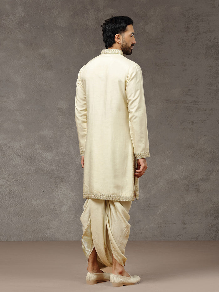 Natural Tissue Silk Embroidered Kurta Set with Dupatta & Dhoti