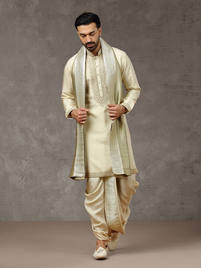 Natural Tissue Silk Embroidered Kurta Set with Dupatta & Dhoti